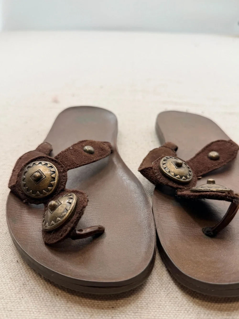 Mossimo Brown Leather Thong Sandals with Button Accent